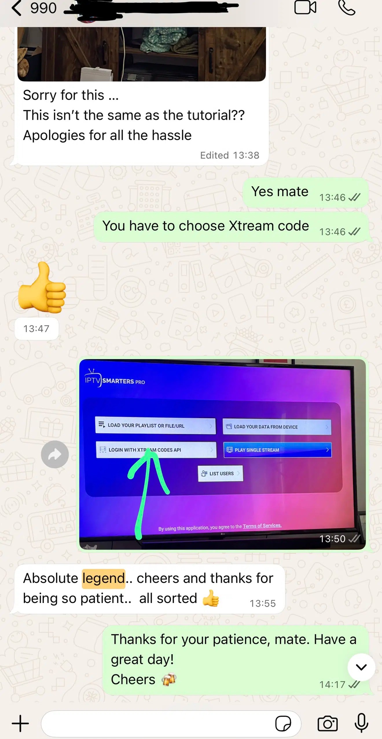 WhatsApp chat: customer thanks support after being guided through app setup — "all sorted"