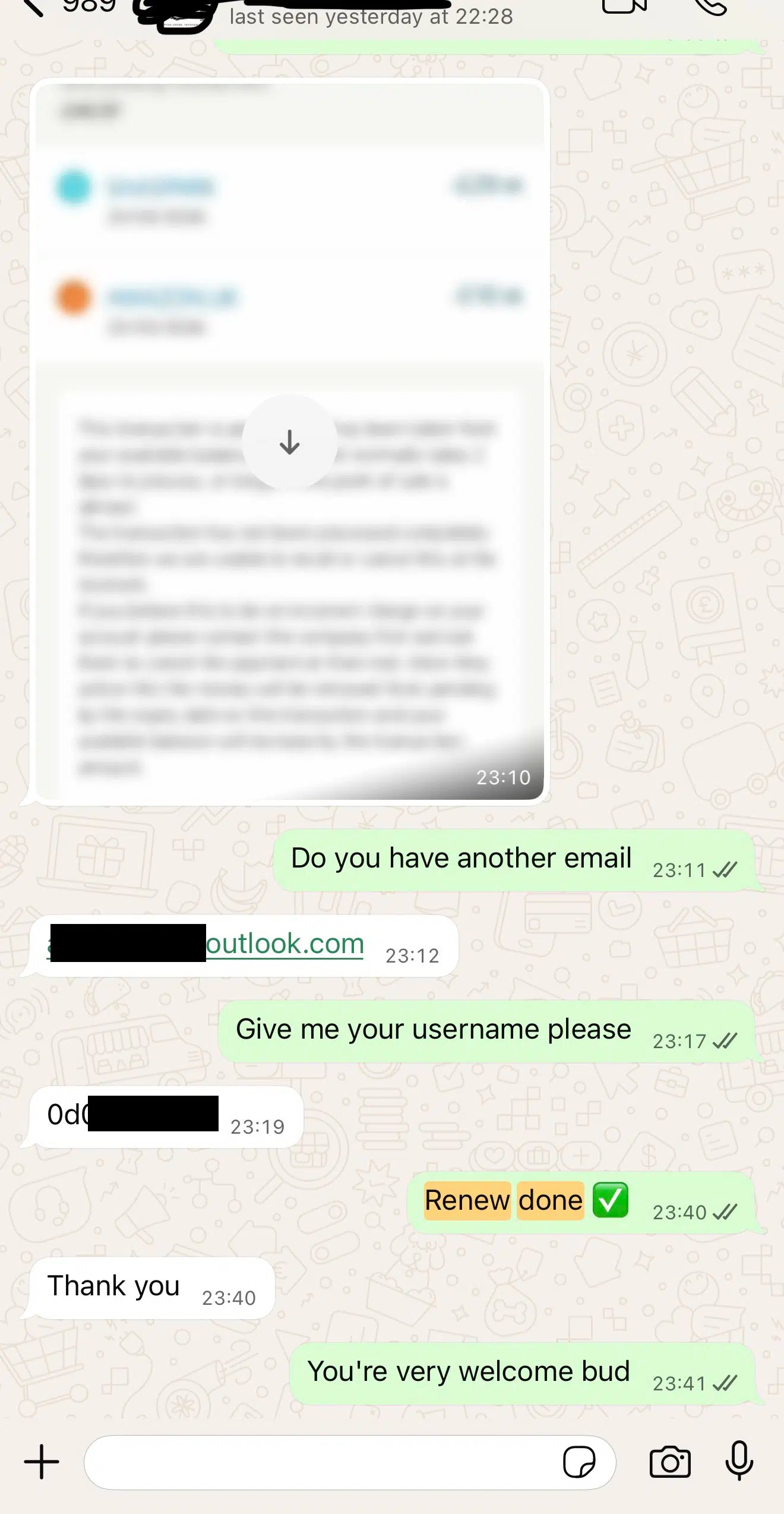 WhatsApp chat: subscription renewal confirmed and customer says thank you