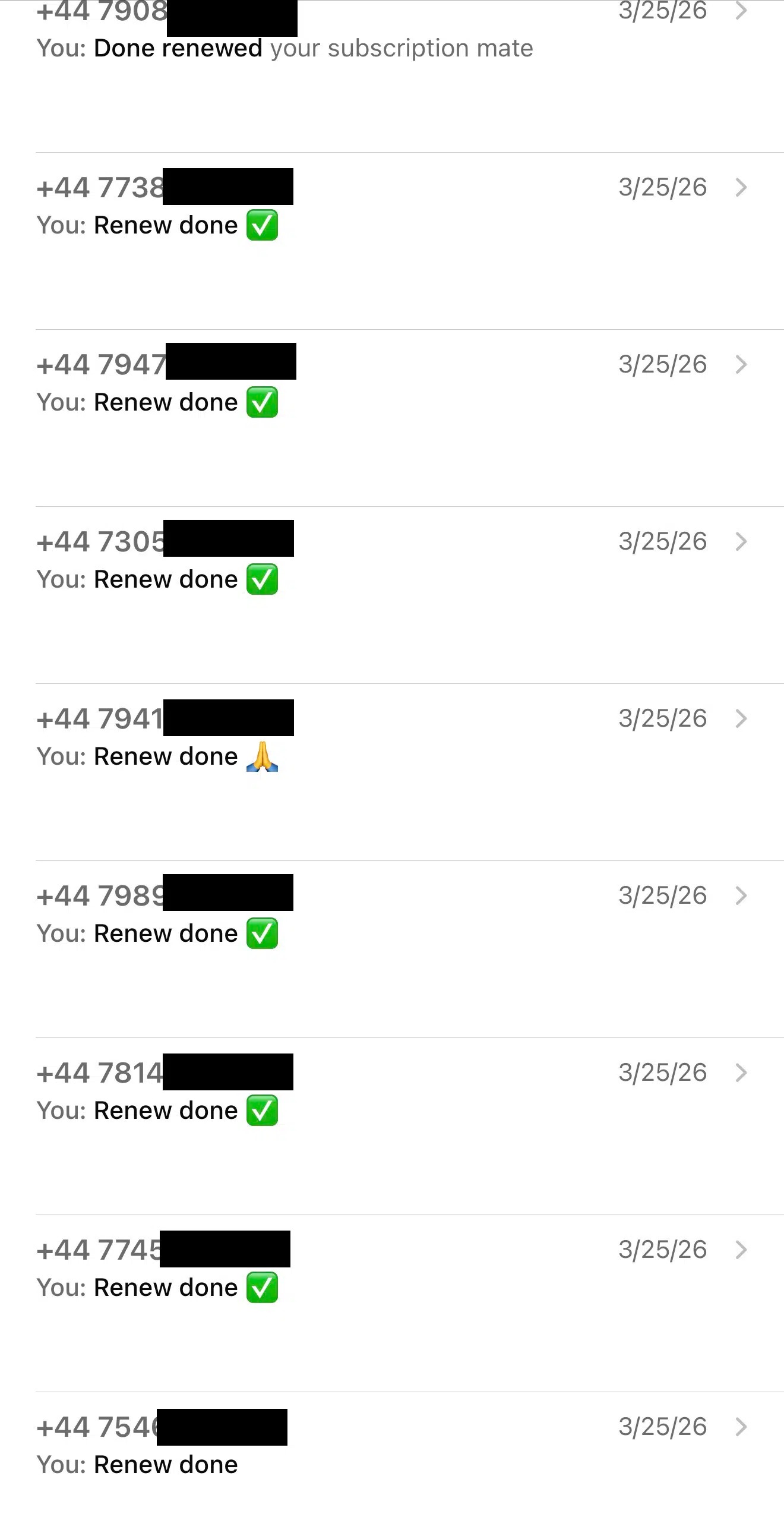List of WhatsApp conversations showing multiple completed subscription renewals