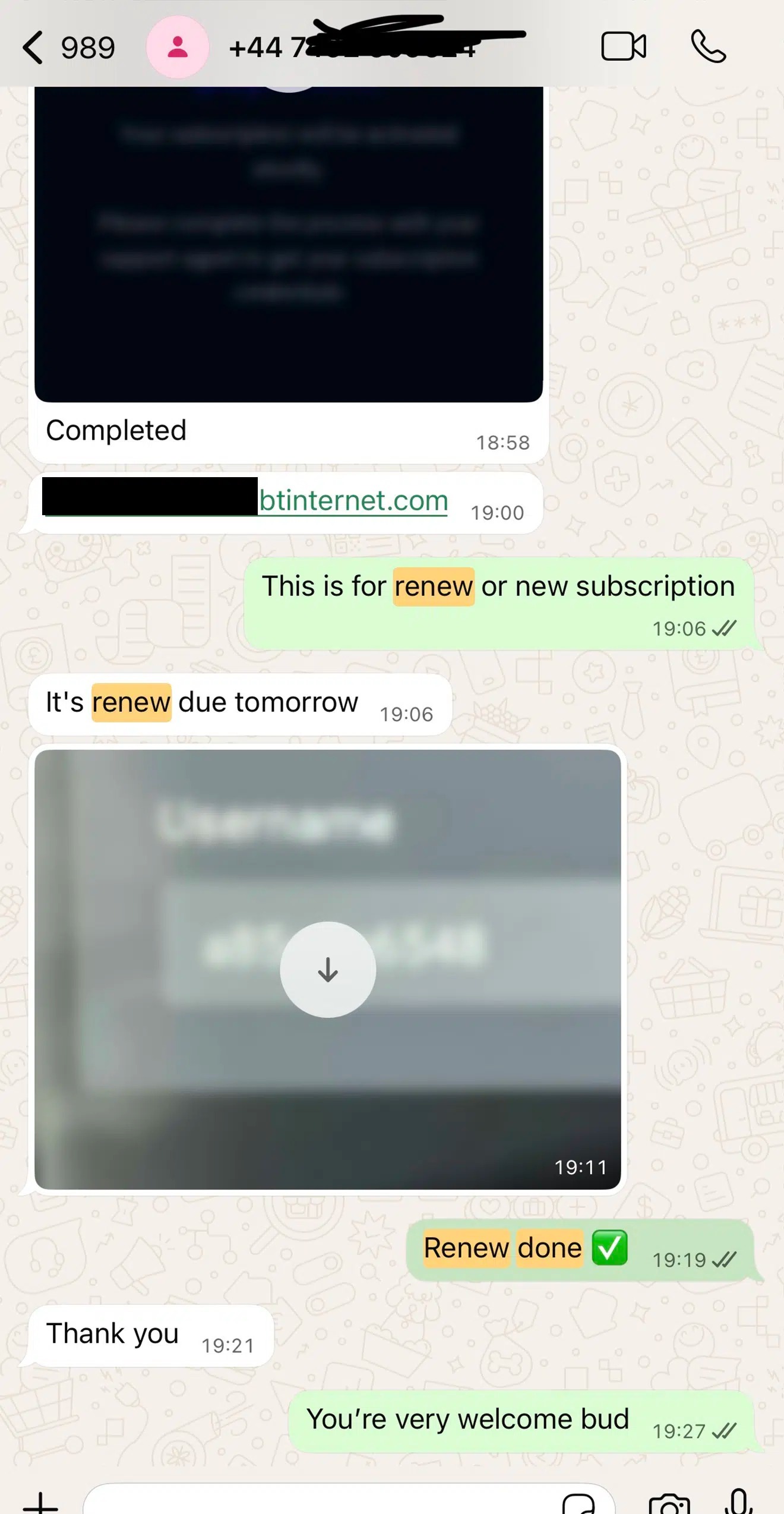 WhatsApp chat: renewal completed the day before it was due, customer says thank you
