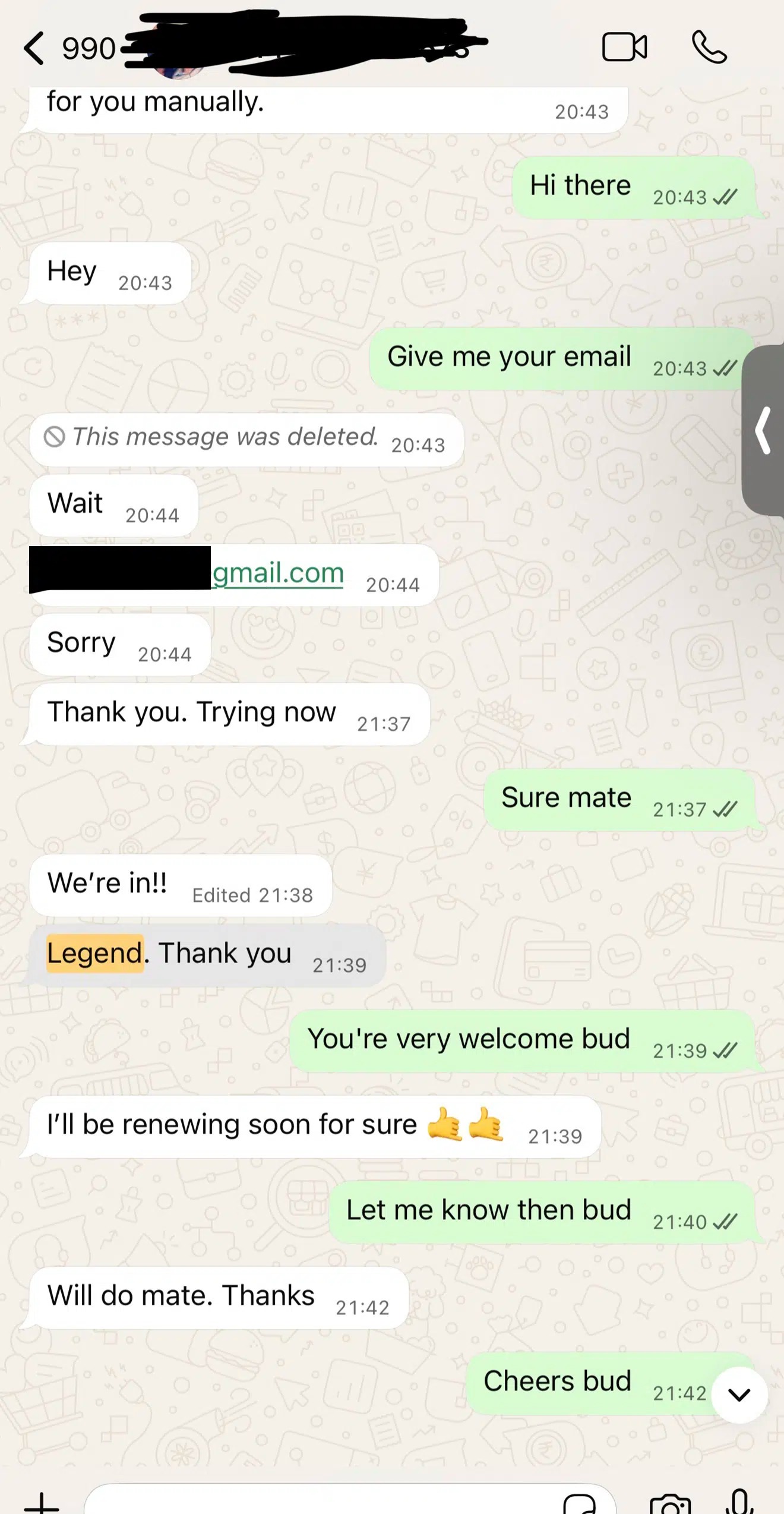 WhatsApp chat: customer confirms "We're in!" and says they will be renewing soon